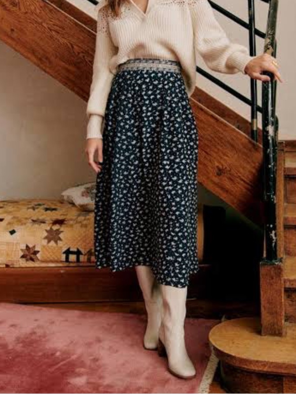 Sezane xSea New York Navy and White Floral Maxi Skirt with Embroidered Waistband